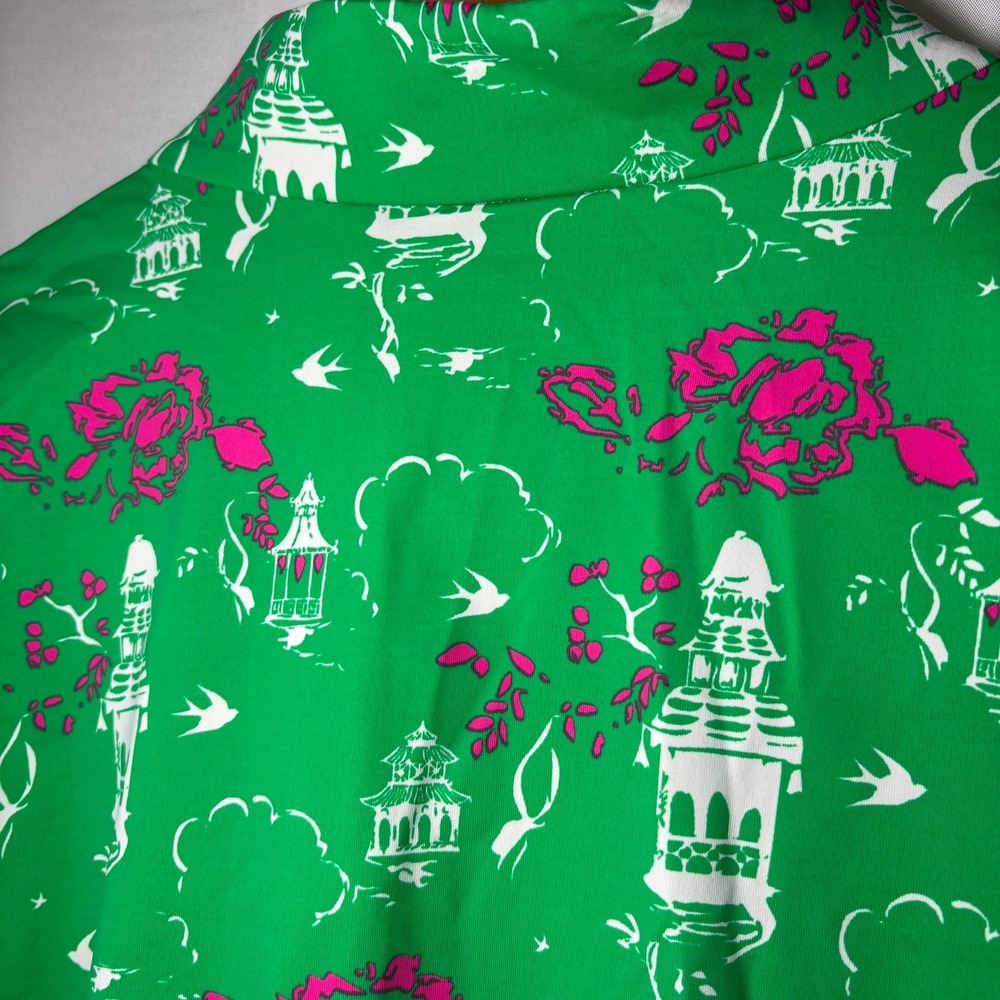 Katherine Way Green Chinoiserie Golf Tunic Top Womens 2XL Pink Floral Pagoda USA - Picture 3 of 7